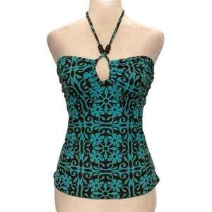 Y2K Teal Brown Floral Halter Tankini Top Wooden Beaded Neck S
